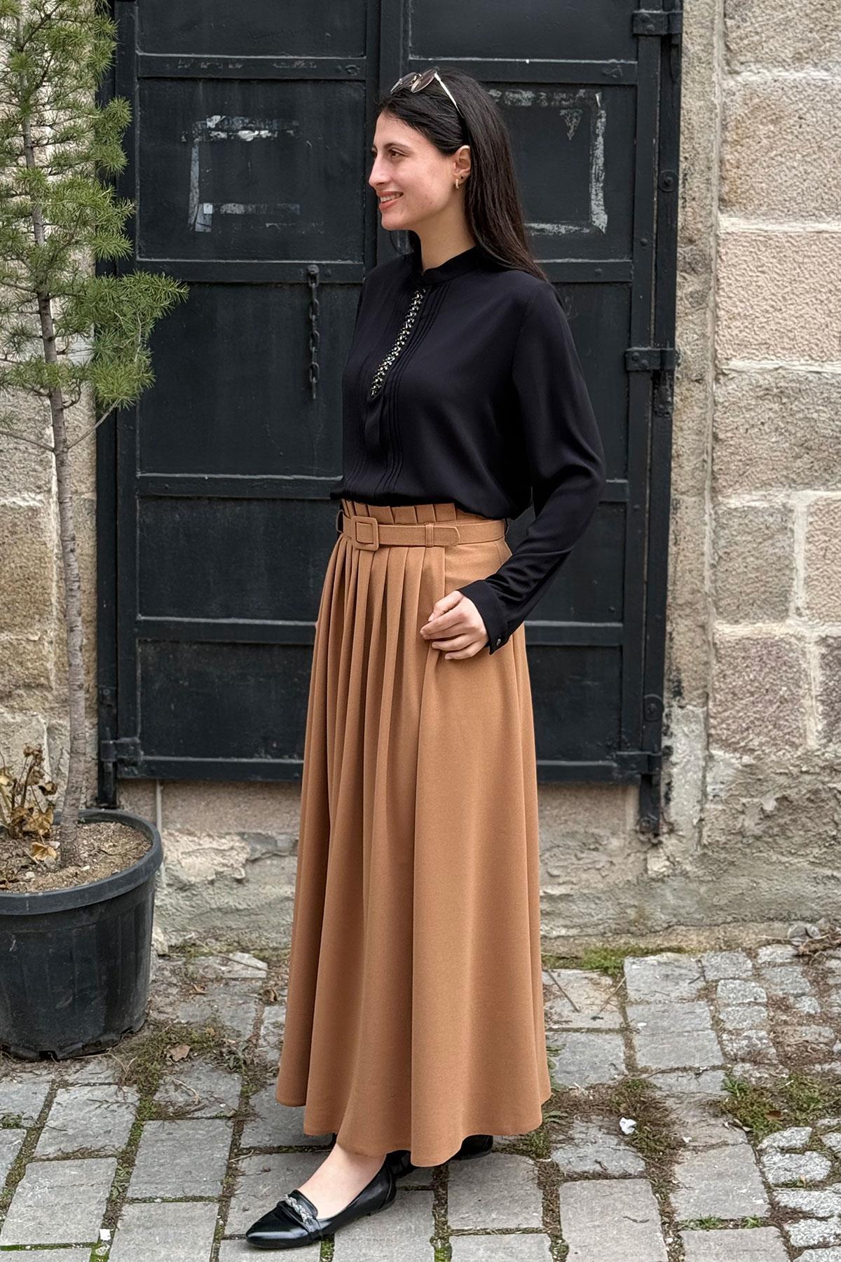 Kemerli Pliseli Kloş Etek - CAMEL