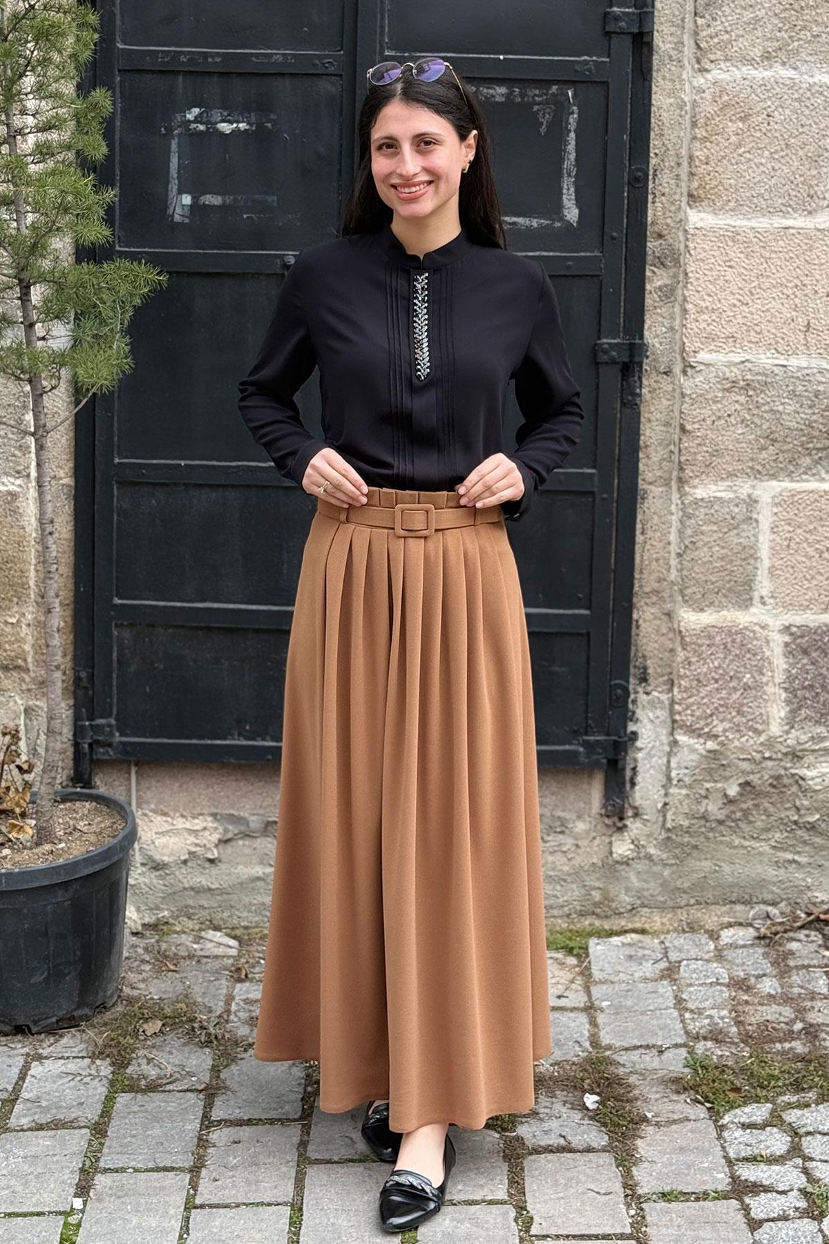 Kemerli Pliseli Kloş Etek - CAMEL