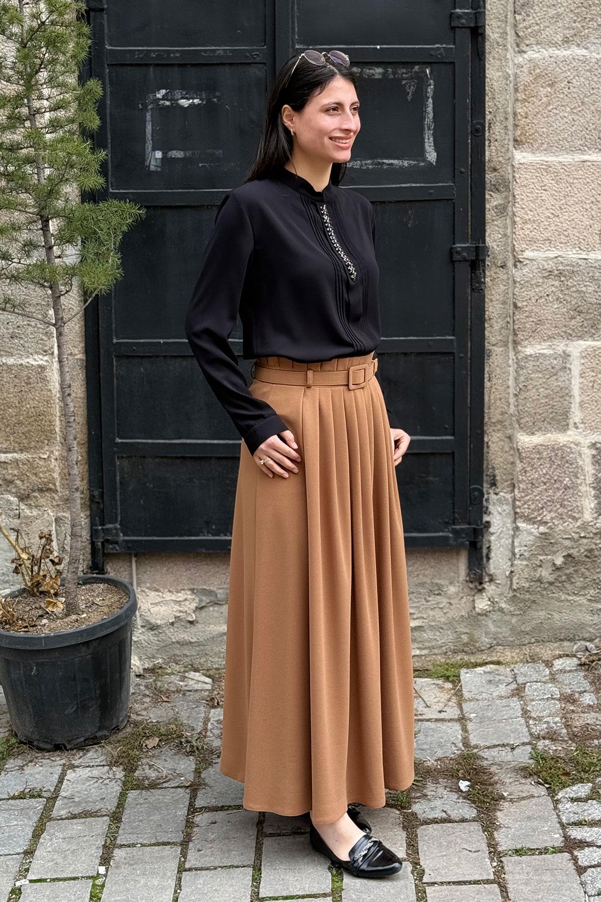 Kemerli Pliseli Kloş Etek - CAMEL