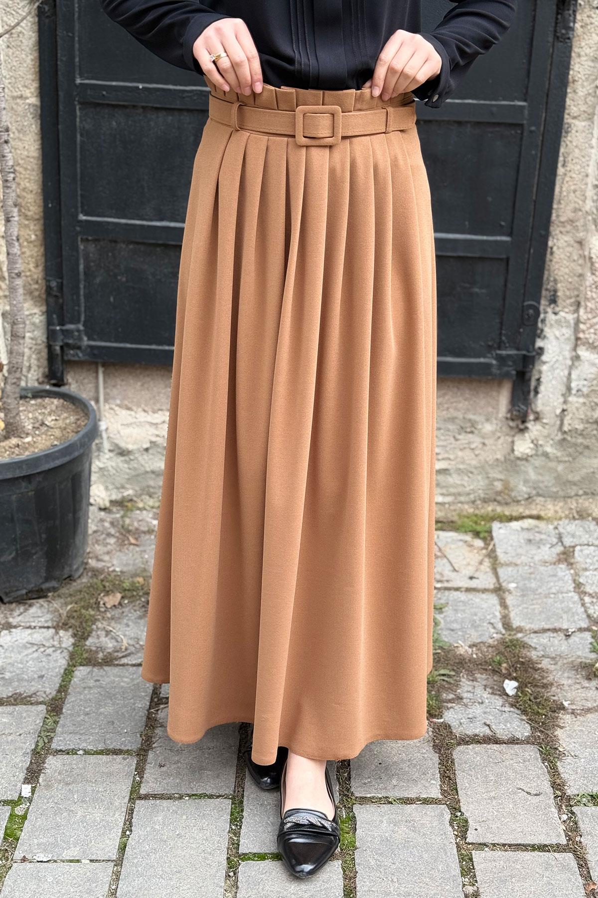Kemerli Pliseli Kloş Etek - CAMEL