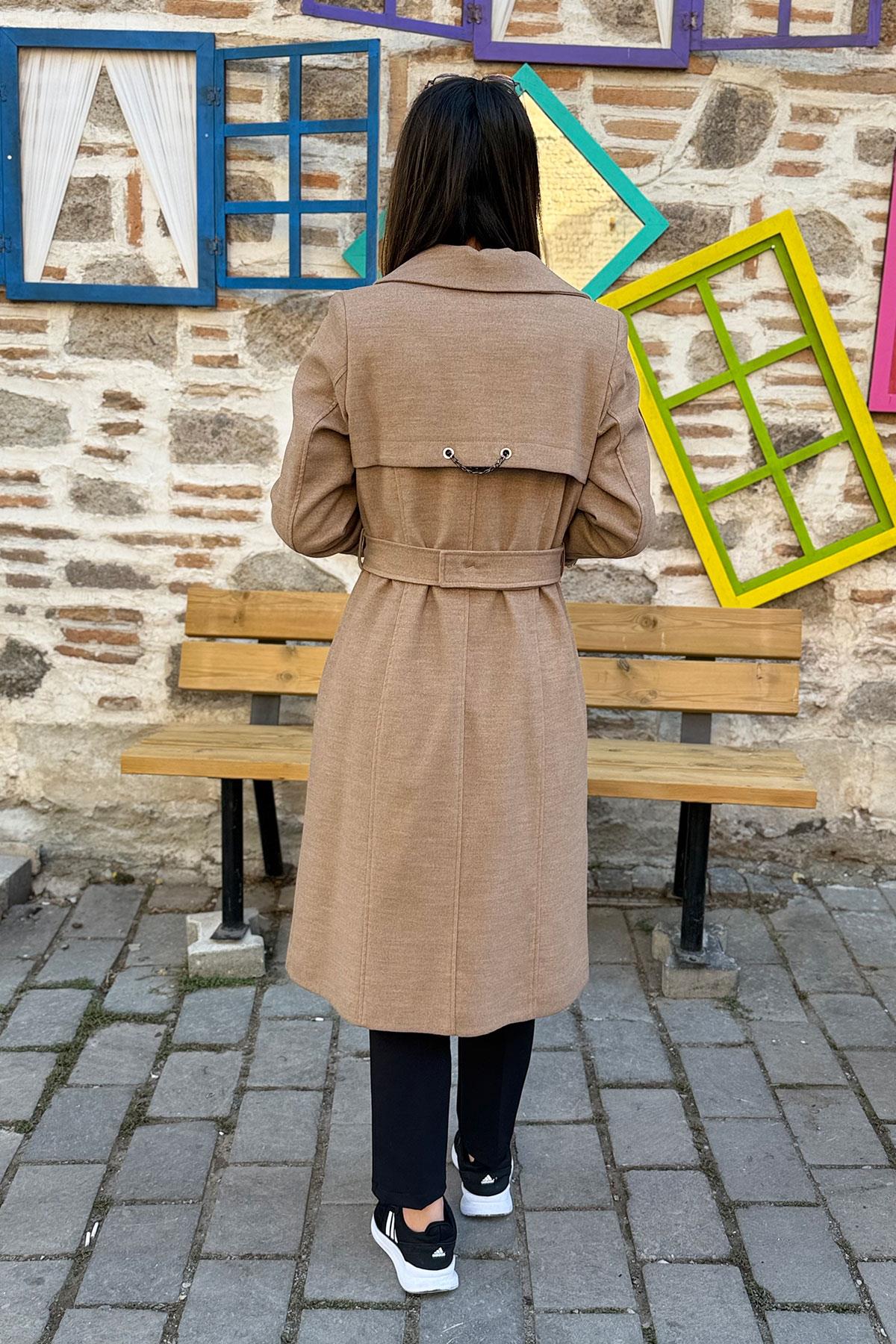 Kemerli ve Zincir Detaylı Kaşe Kaban - KAHVE