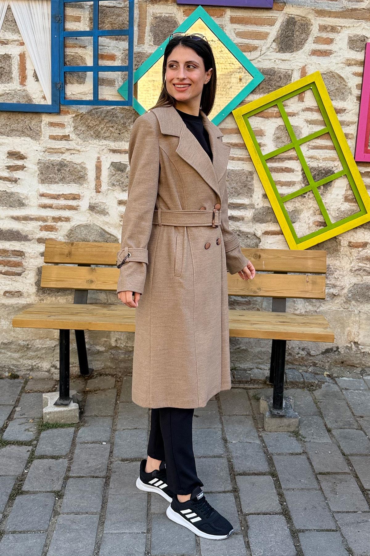 Kemerli ve Zincir Detaylı Kaşe Kaban - KAHVE