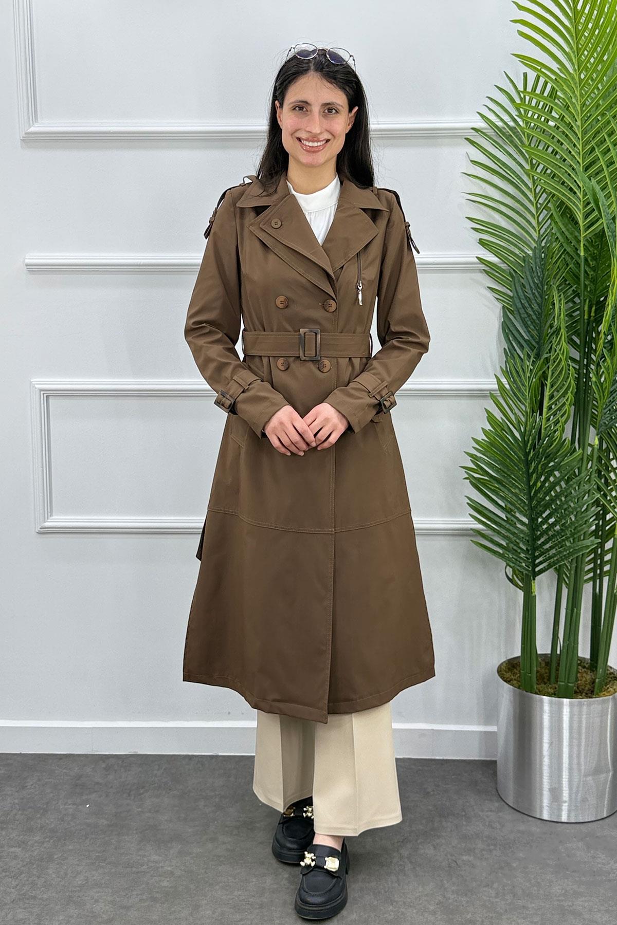 Kol Kemerli Kuşaklı Trenç Kap - KAHVE