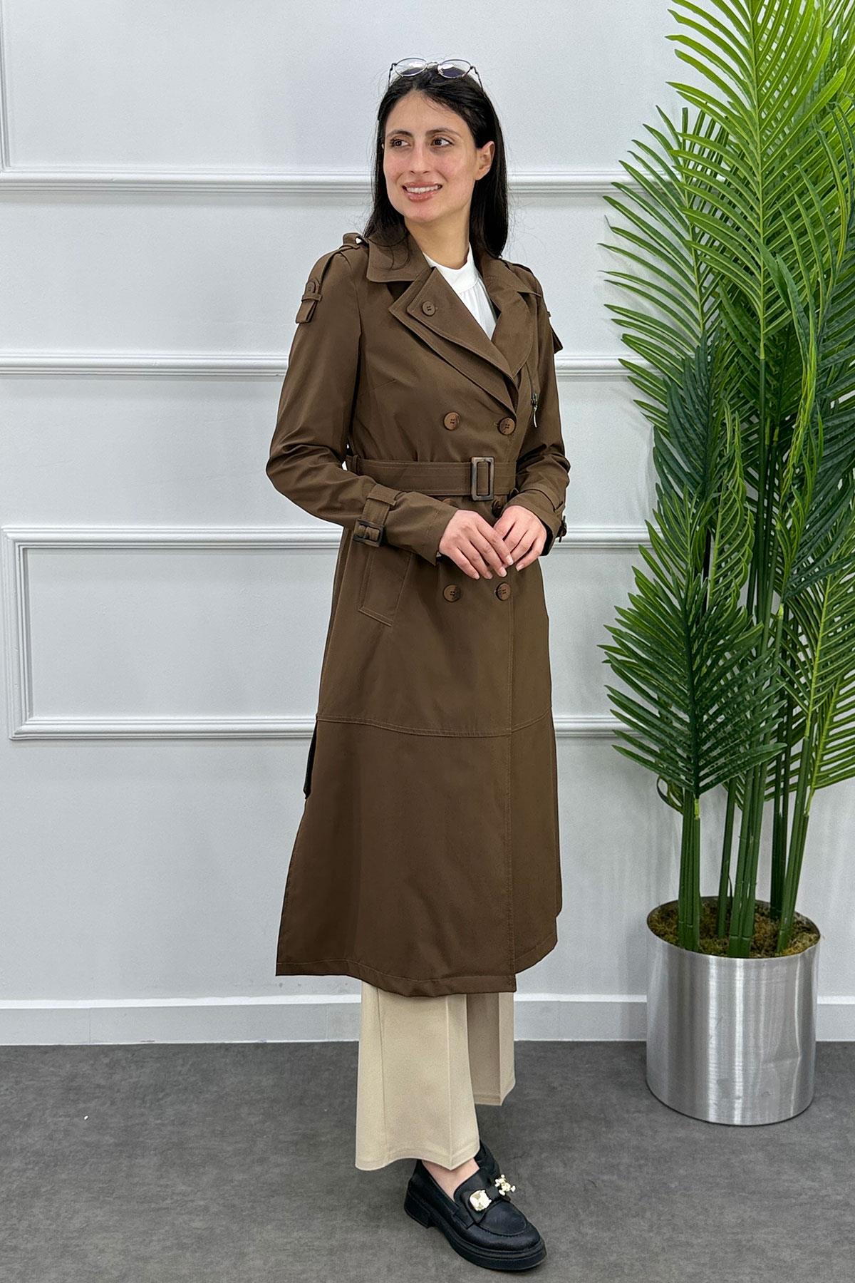 Kol Kemerli Kuşaklı Trenç Kap - KAHVE