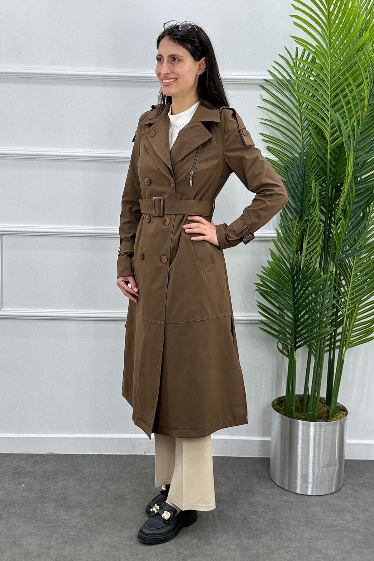 Kol Kemerli Kuşaklı Trenç Kap - KAHVE