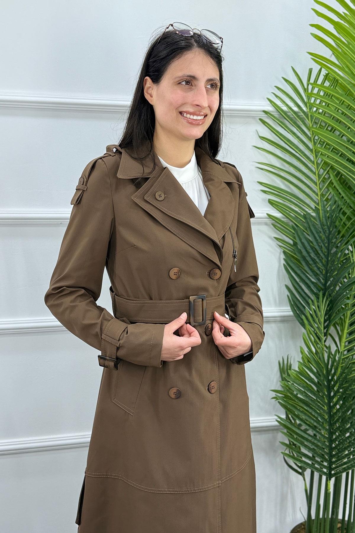 Kol Kemerli Kuşaklı Trenç Kap - KAHVE