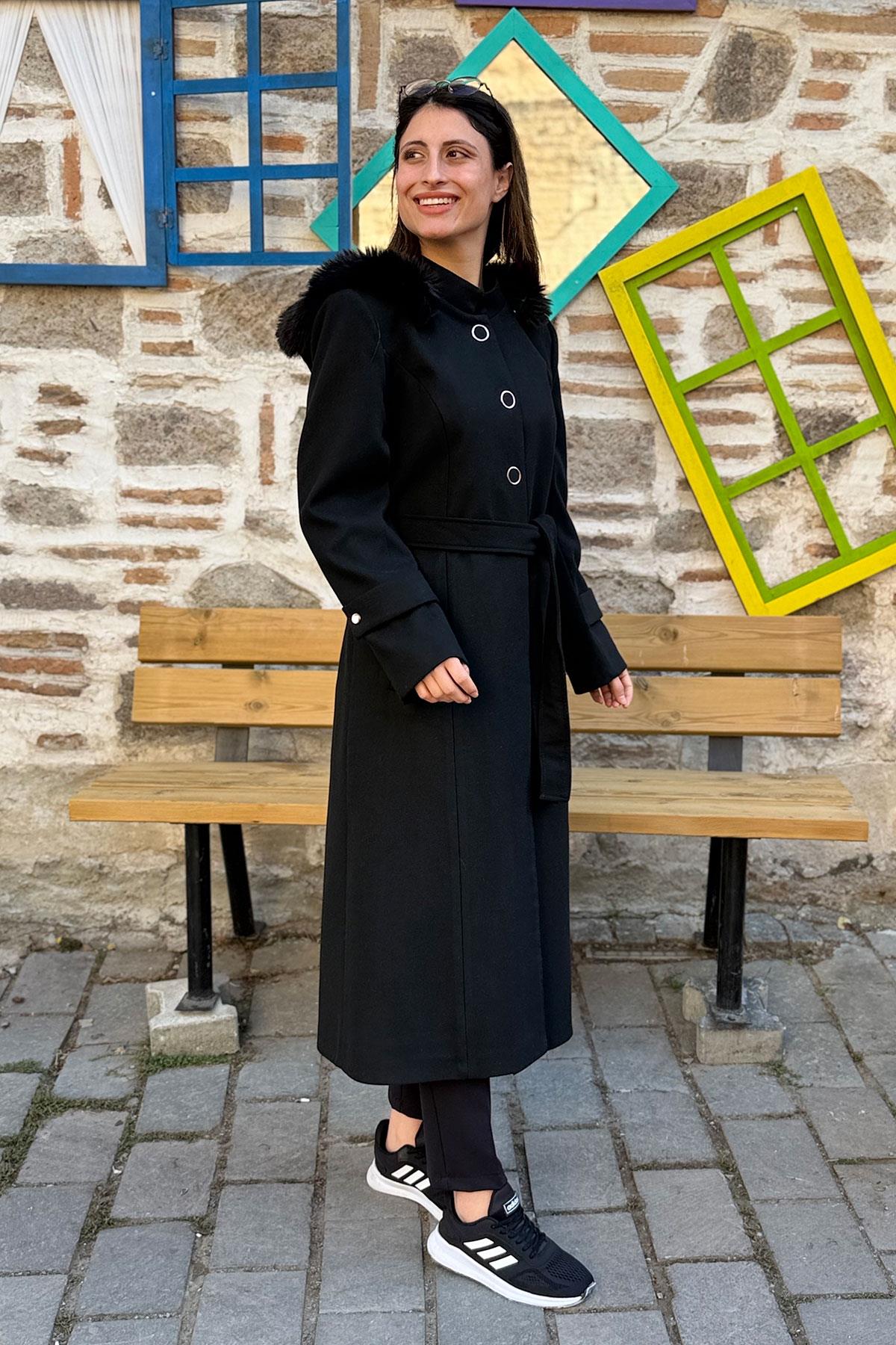 Kol Manşetli Bağlamalı Kaşe Kaban - SİYAH