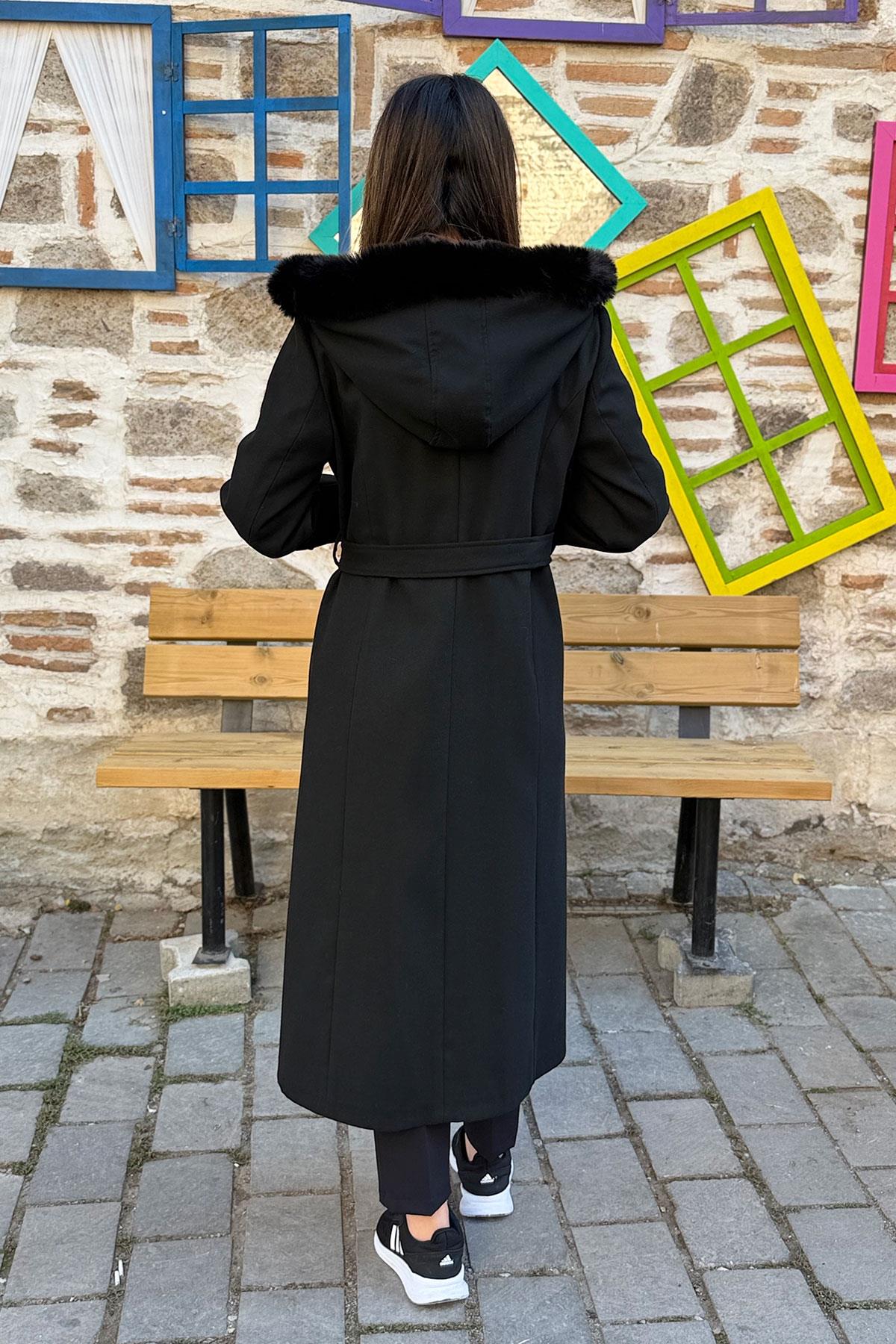 Kol Manşetli Bağlamalı Kaşe Kaban - SİYAH