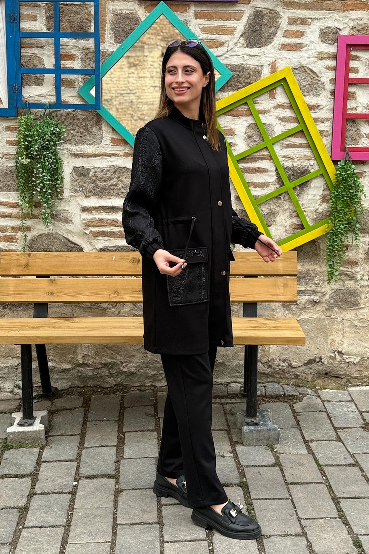 Kolları Jakarlı İşleme Cepli Ceket Pantolon Takım - SİYAH