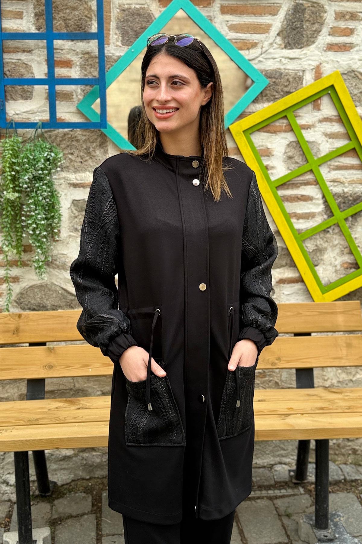 Kolları Jakarlı İşleme Cepli Ceket Pantolon Takım - SİYAH