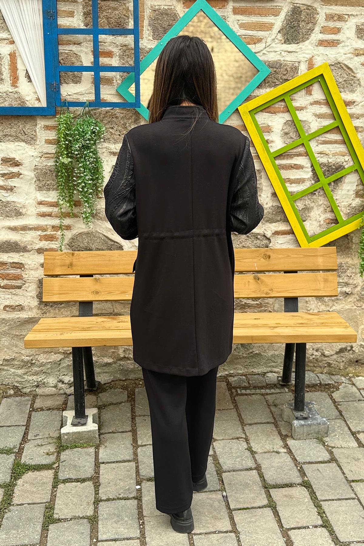 Kolları Jakarlı İşleme Cepli Ceket Pantolon Takım - SİYAH