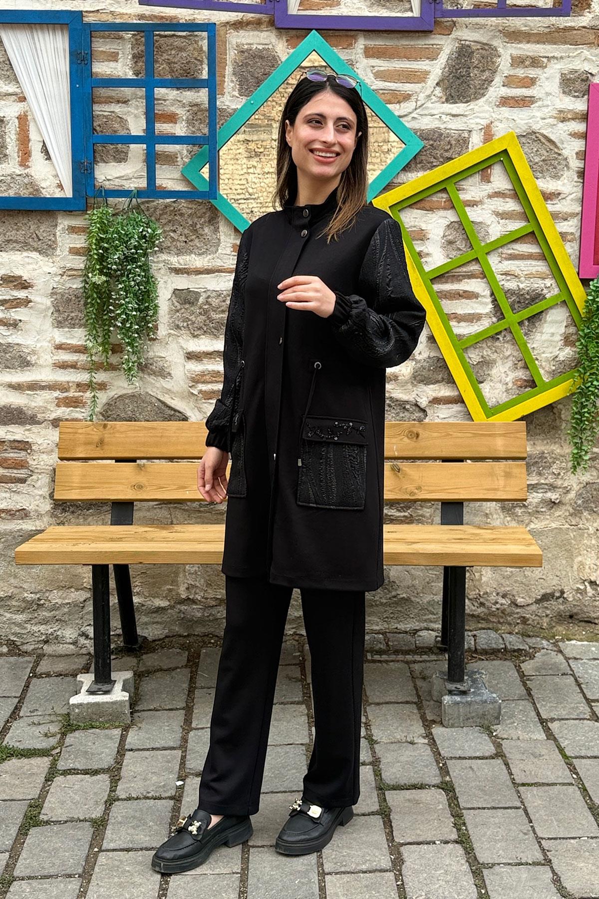 Kolları Jakarlı İşleme Cepli Ceket Pantolon Takım - SİYAH