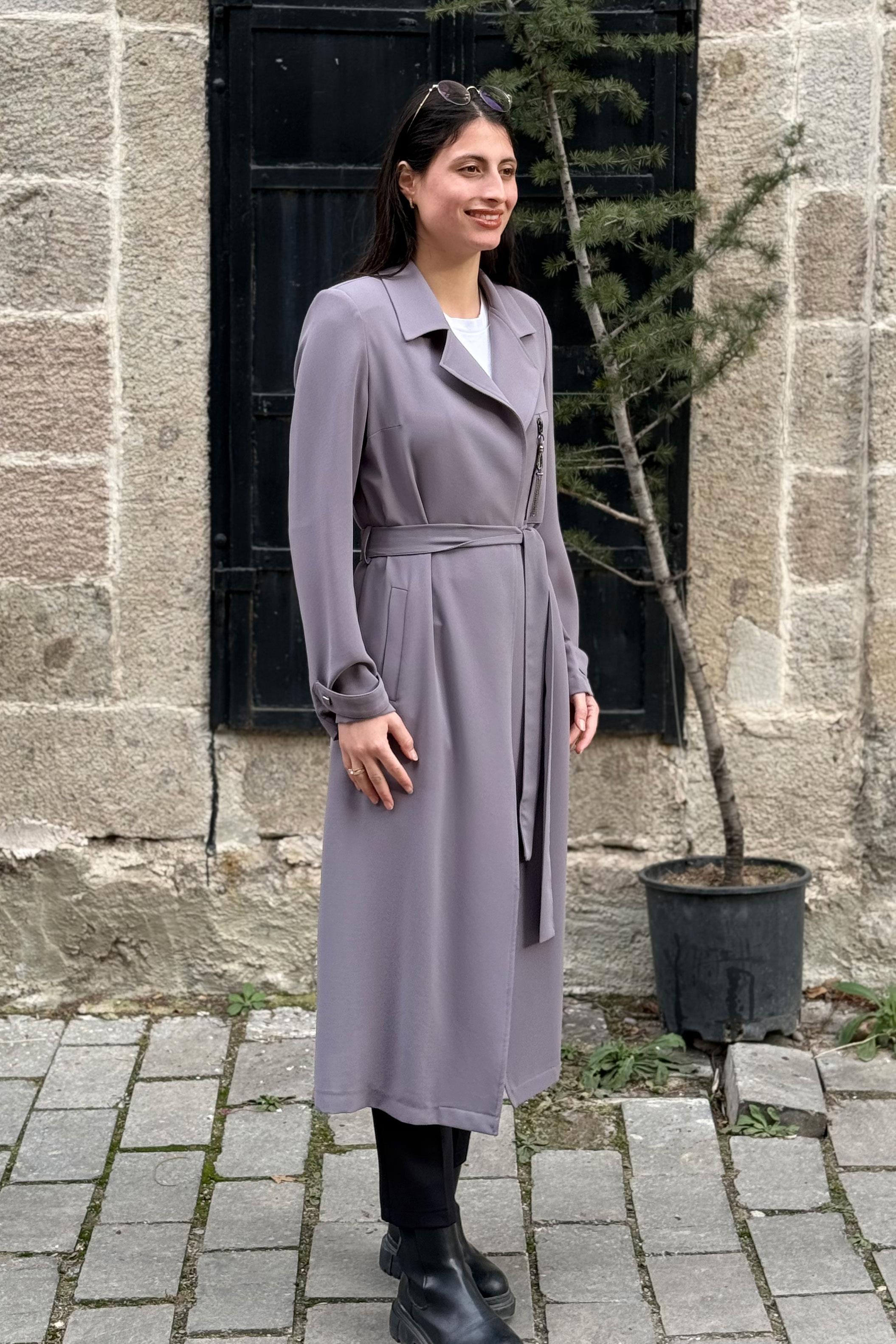 Kruvaze Yaka Belden Bağlamalı GiyÇık - GRİ