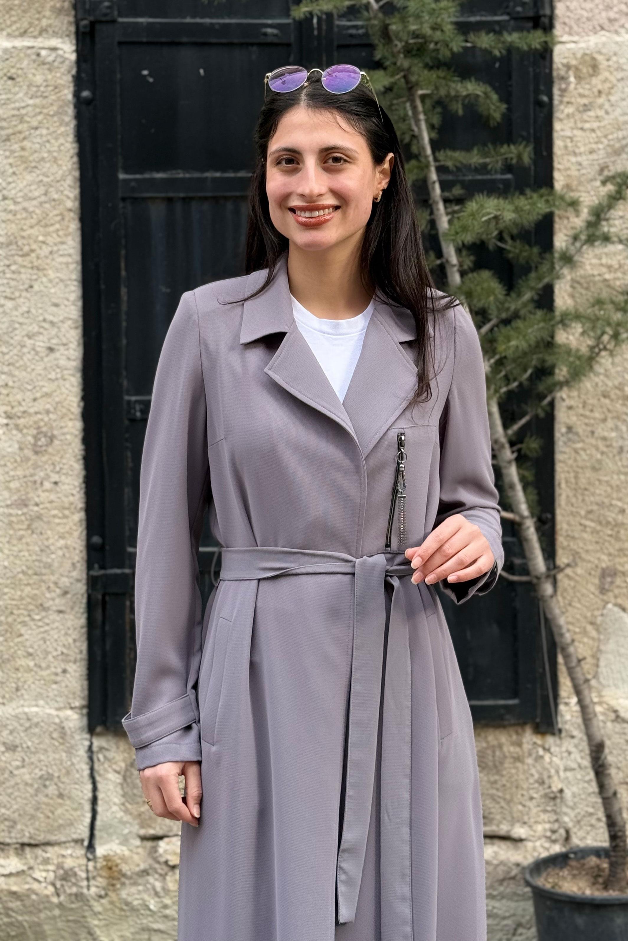 Kruvaze Yaka Belden Bağlamalı GiyÇık - GRİ