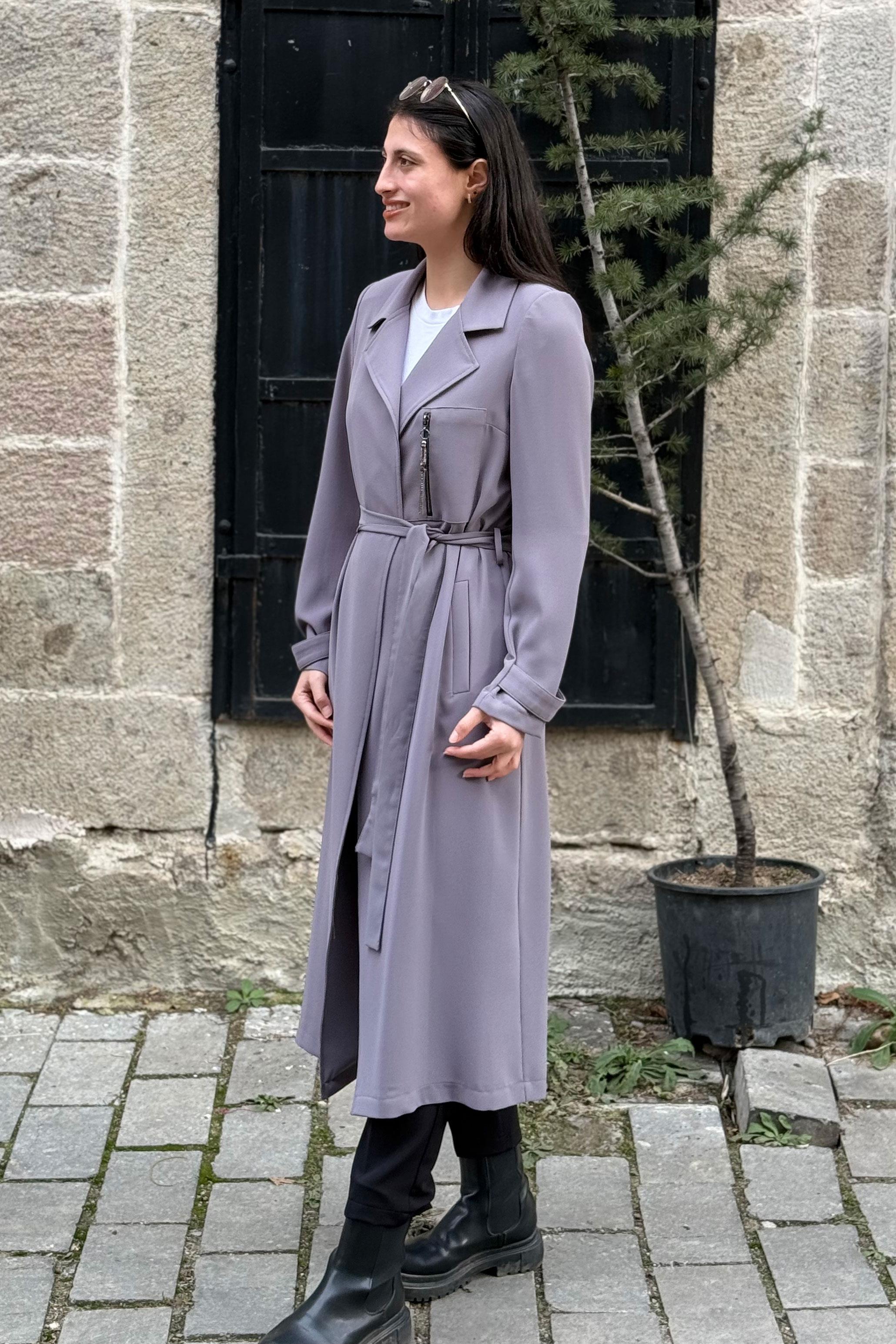 Kruvaze Yaka Belden Bağlamalı GiyÇık - GRİ