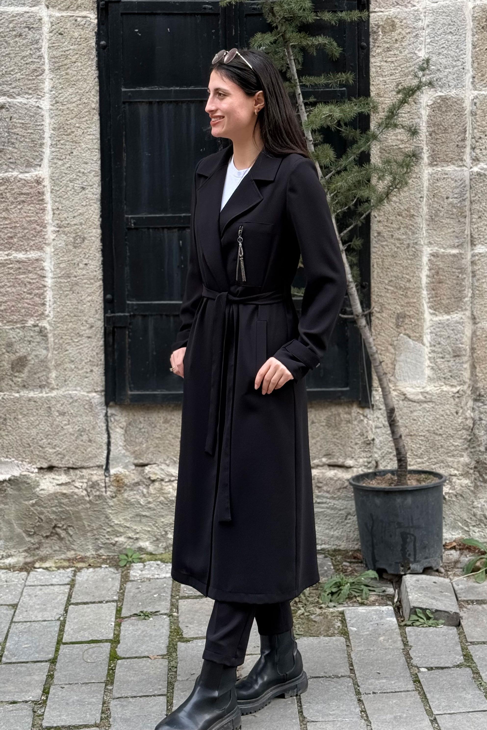 Kruvaze Yaka Belden Bağlamalı GiyÇık - SİYAH