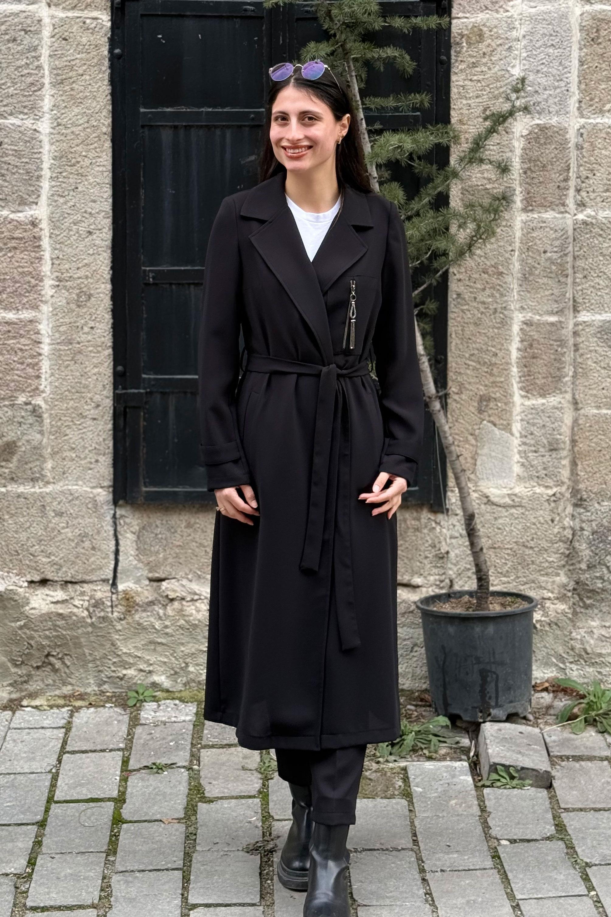 Kruvaze Yaka Belden Bağlamalı GiyÇık - SİYAH