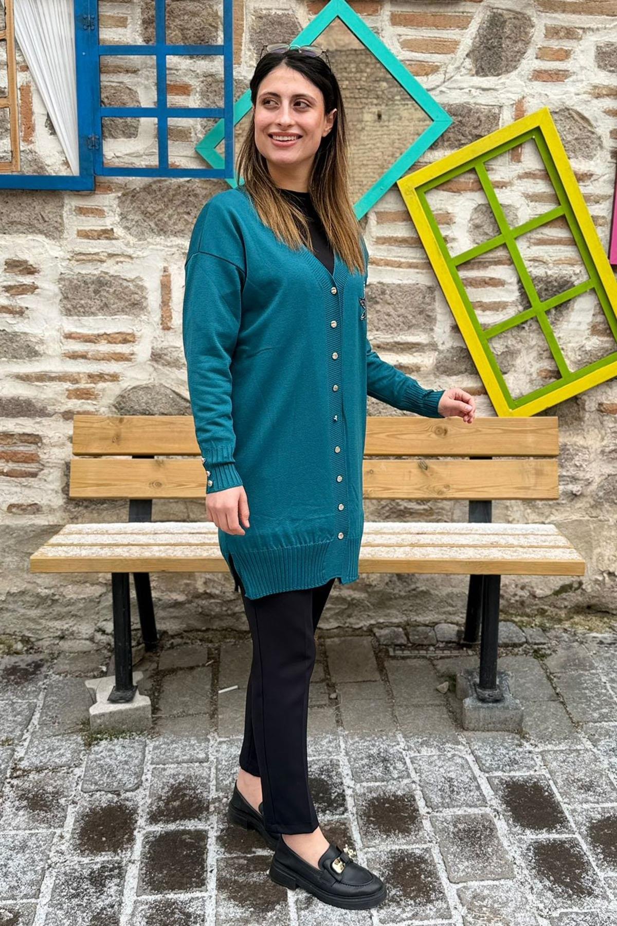 Kuş Nakışlı Pul Detaylı Triko Hırka - PETROL