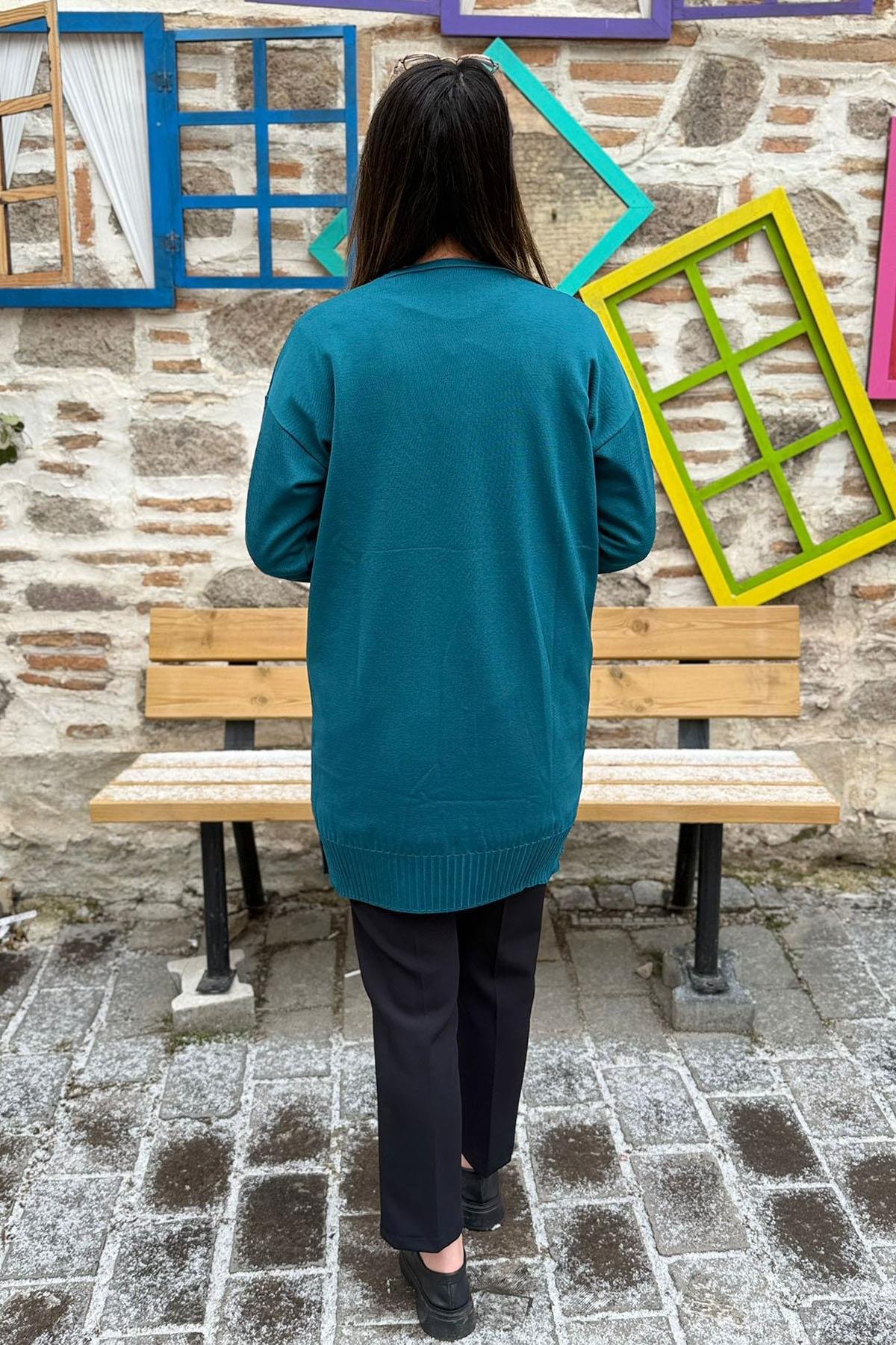 Kuş Nakışlı Pul Detaylı Triko Hırka - PETROL