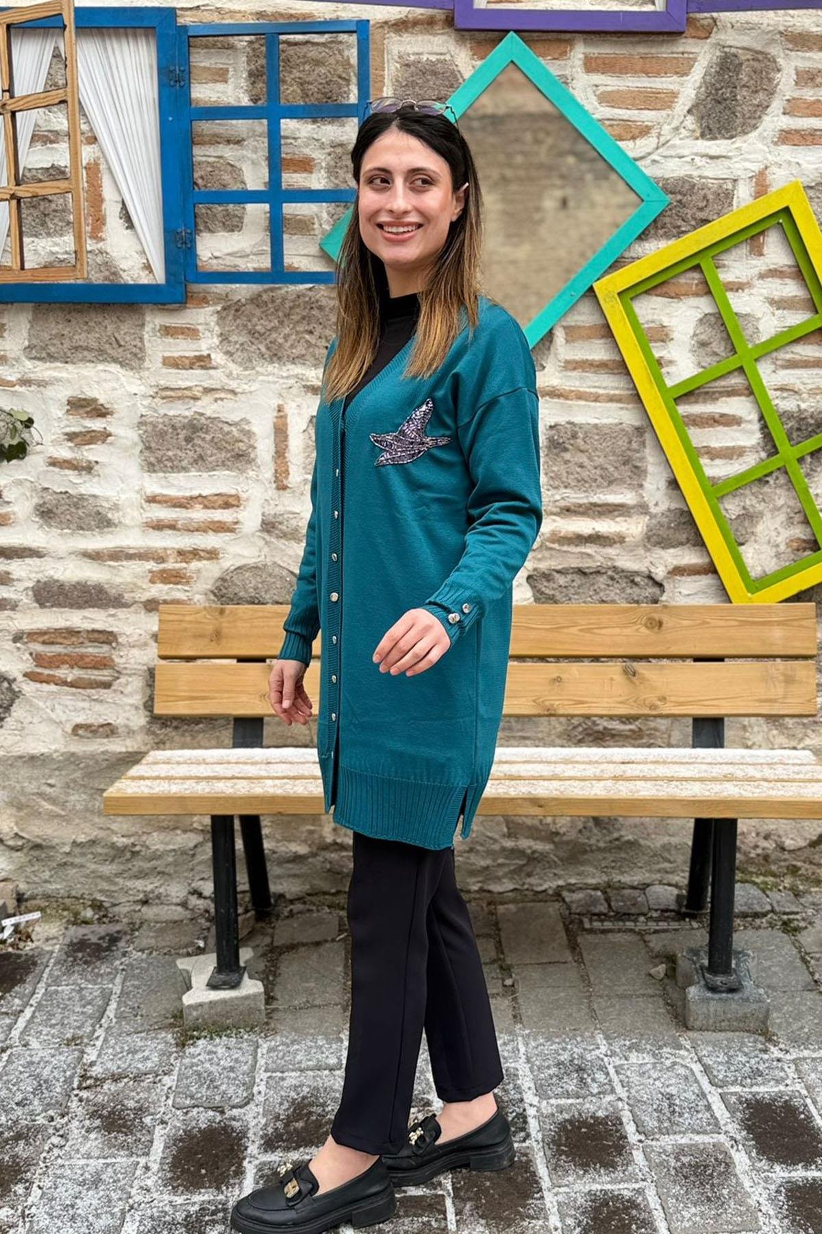 Kuş Nakışlı Pul Detaylı Triko Hırka - PETROL