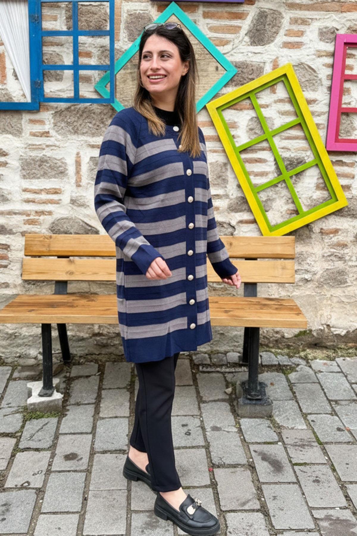 Lacivert Çizgili Uzun Triko Hırka - LACİVERT