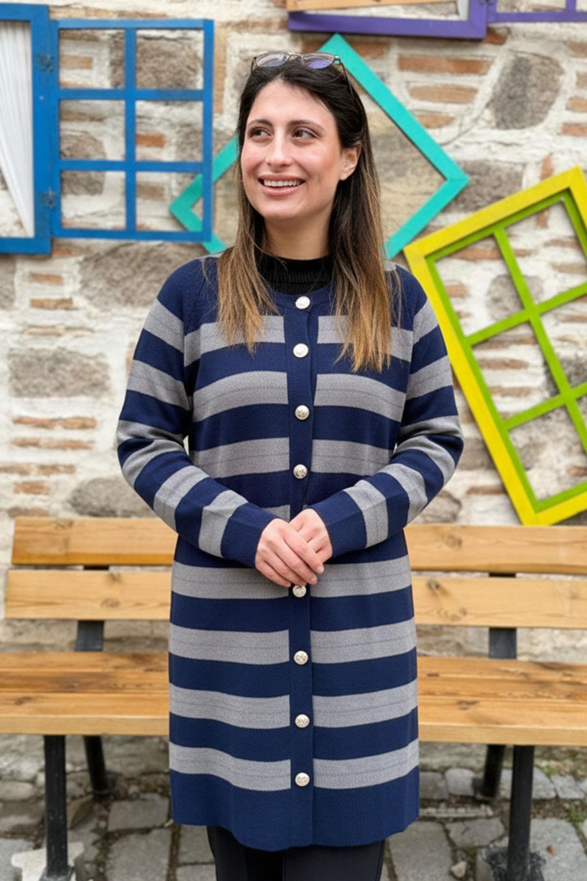 Lacivert Çizgili Uzun Triko Hırka - LACİVERT