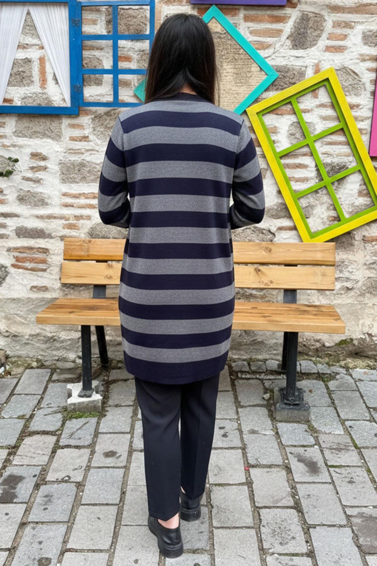 Lacivert Çizgili Uzun Triko Hırka - LACİVERT