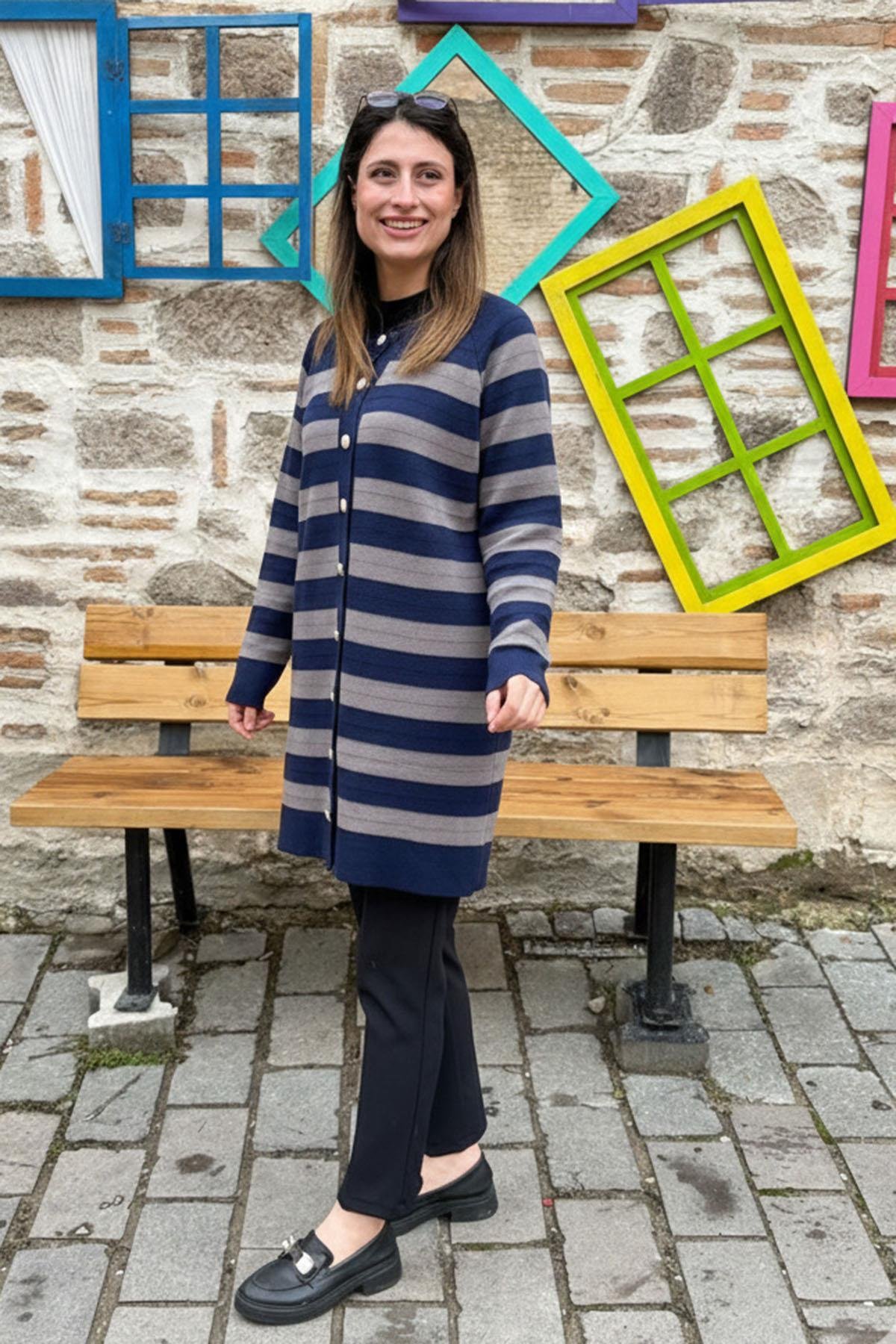 Lacivert Çizgili Uzun Triko Hırka - LACİVERT