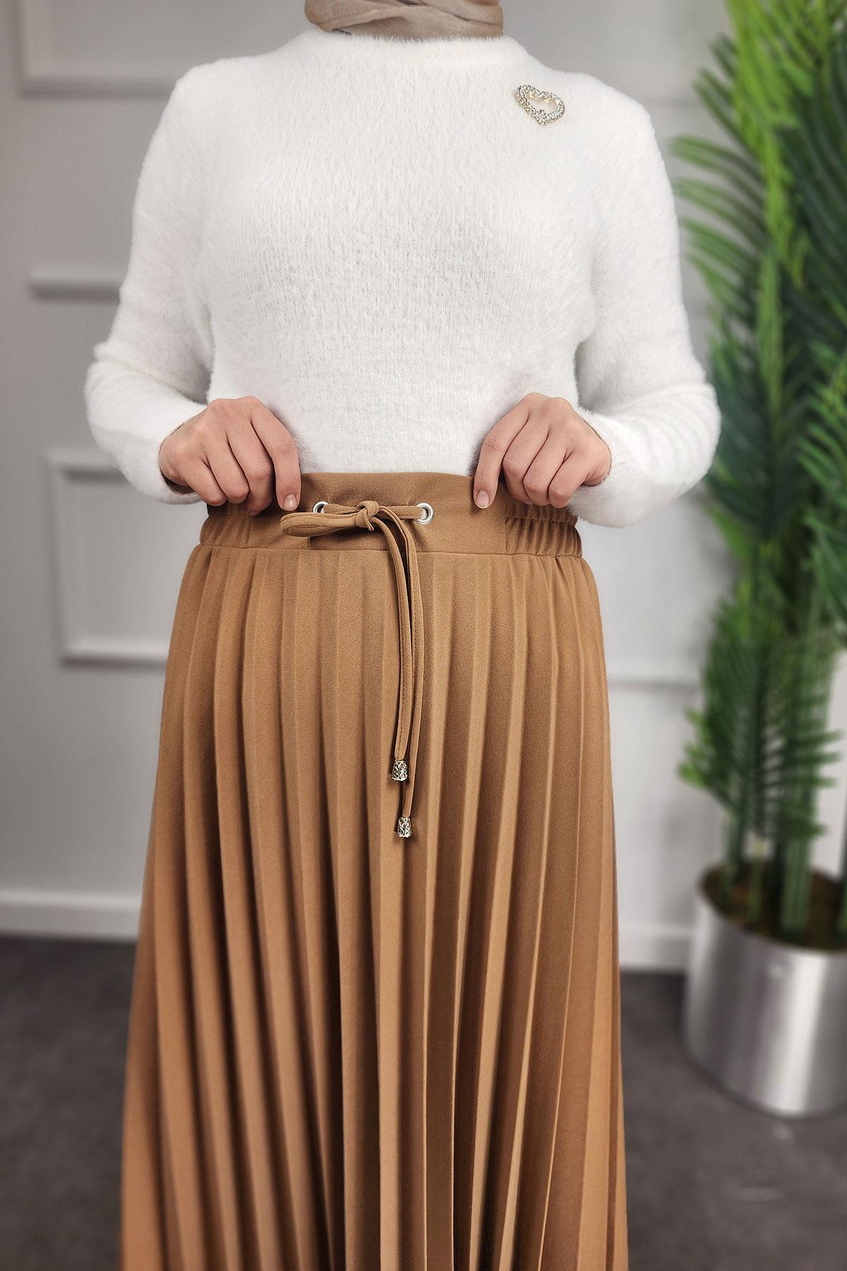 Lastikli Pliseli Krep Etek - CAMEL