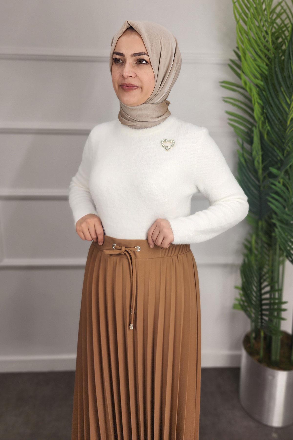 Lastikli Pliseli Krep Etek - CAMEL