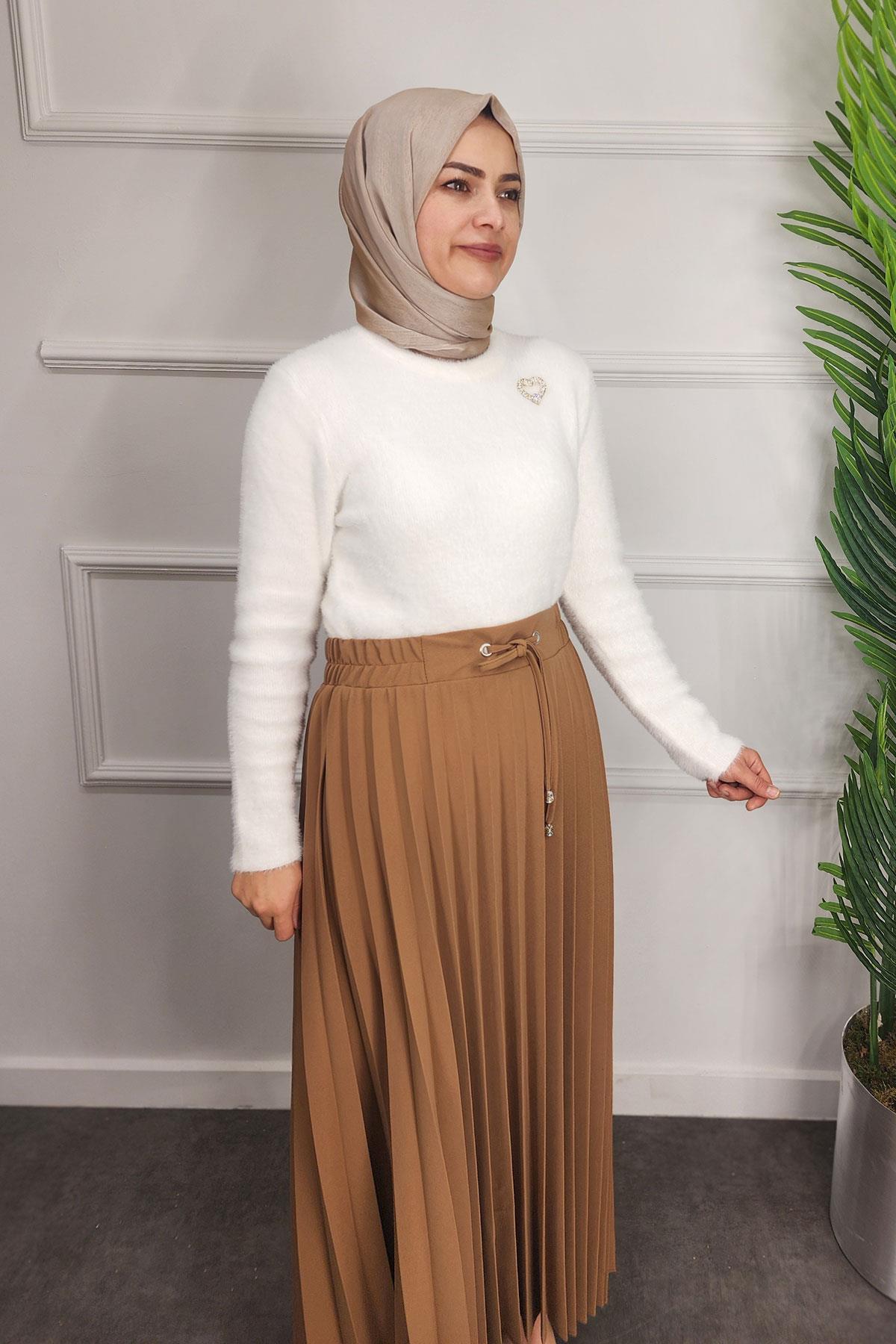 Lastikli Pliseli Krep Etek - CAMEL