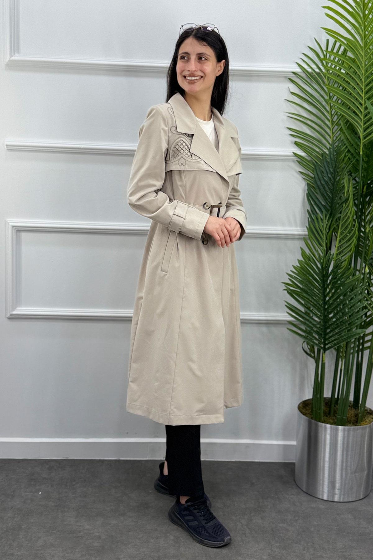 Lazer Yakma İşlemeli Trenç Kap - Taş