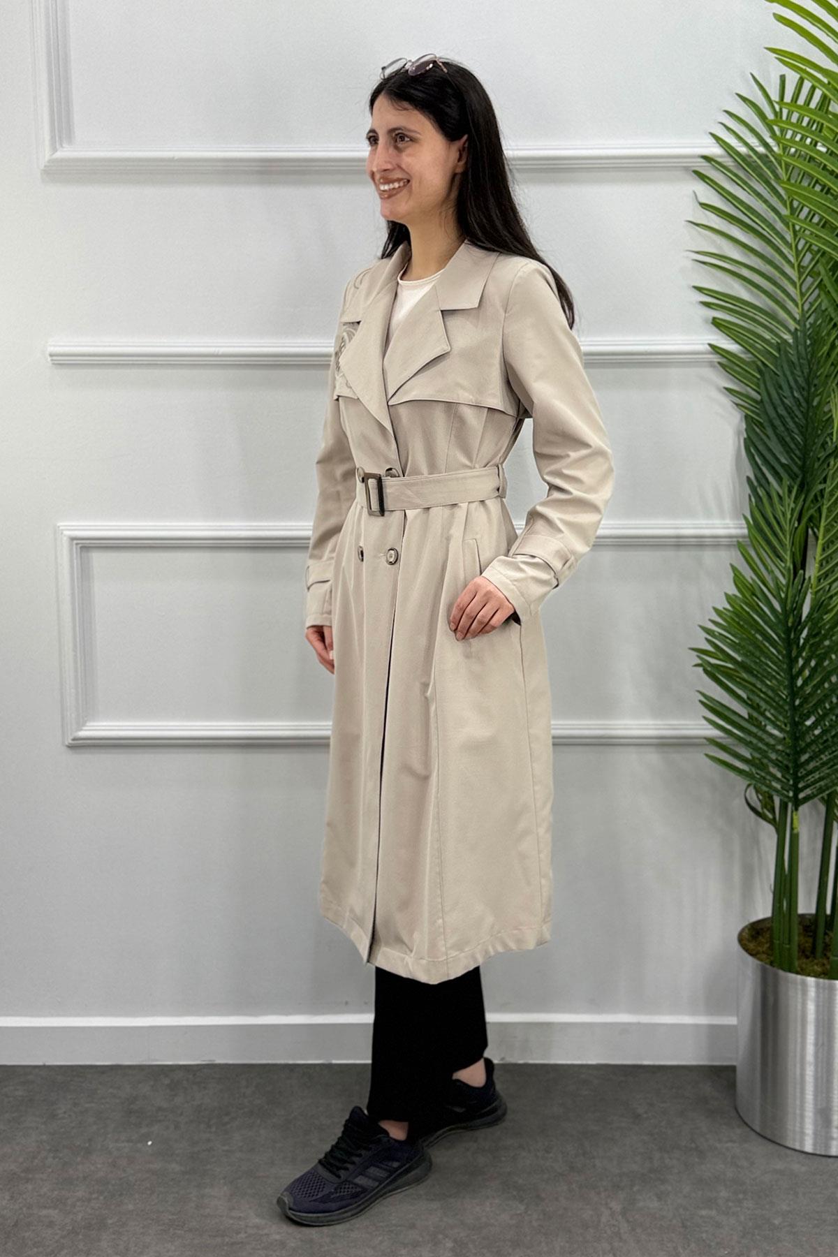 Lazer Yakma İşlemeli Trenç Kap - Taş