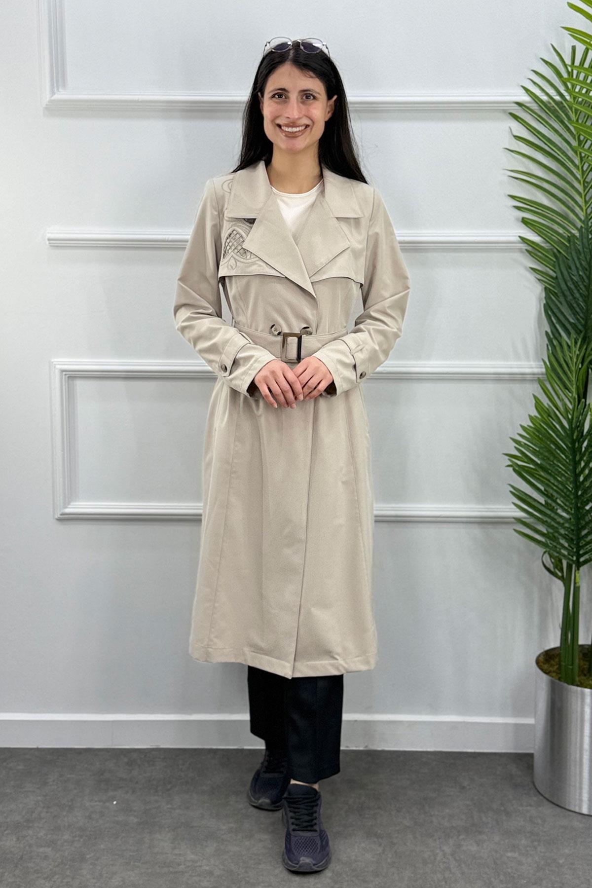 Lazer Yakma İşlemeli Trenç Kap - Taş