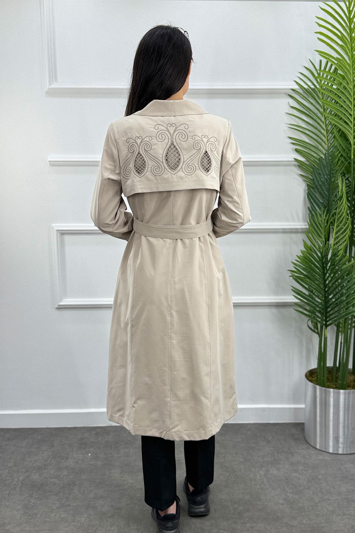 Lazer Yakma İşlemeli Trenç Kap - Taş