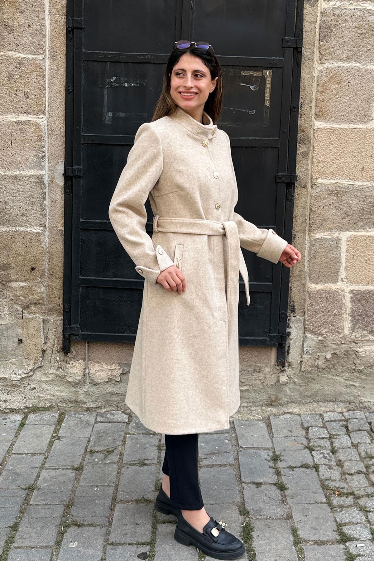 Manşet Düğmeli Kaşe Kaban - BEJ