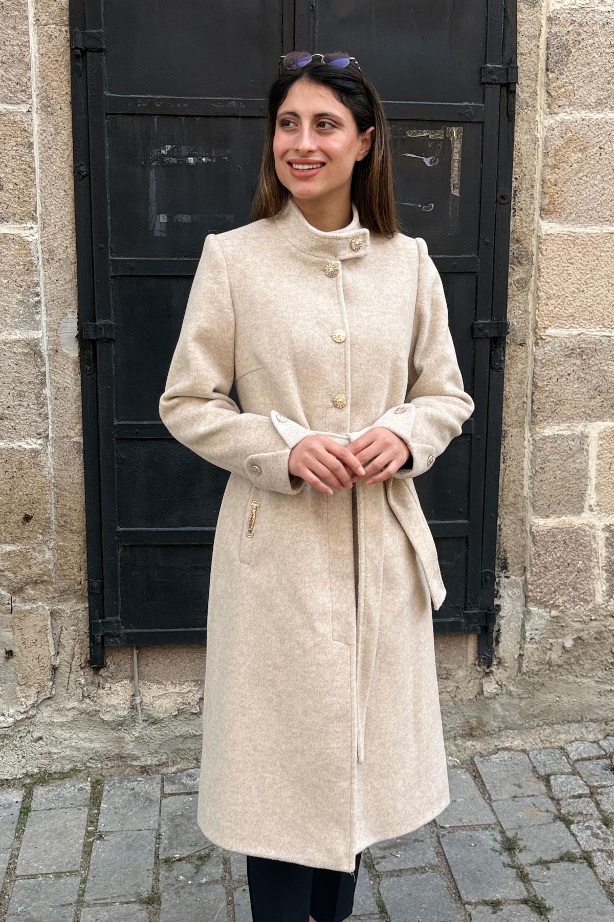 Manşet Düğmeli Kaşe Kaban - BEJ