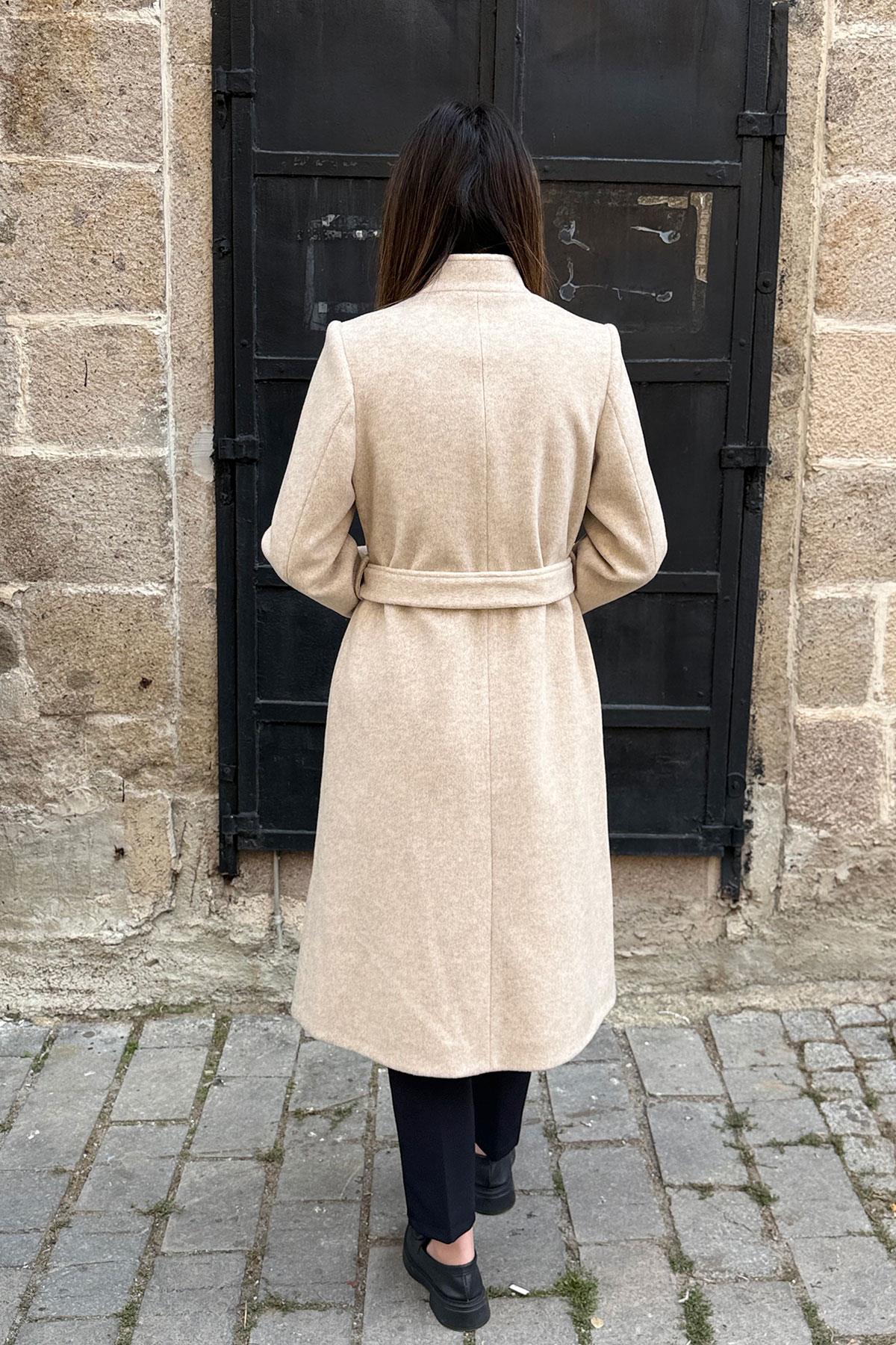 Manşet Düğmeli Kaşe Kaban - BEJ