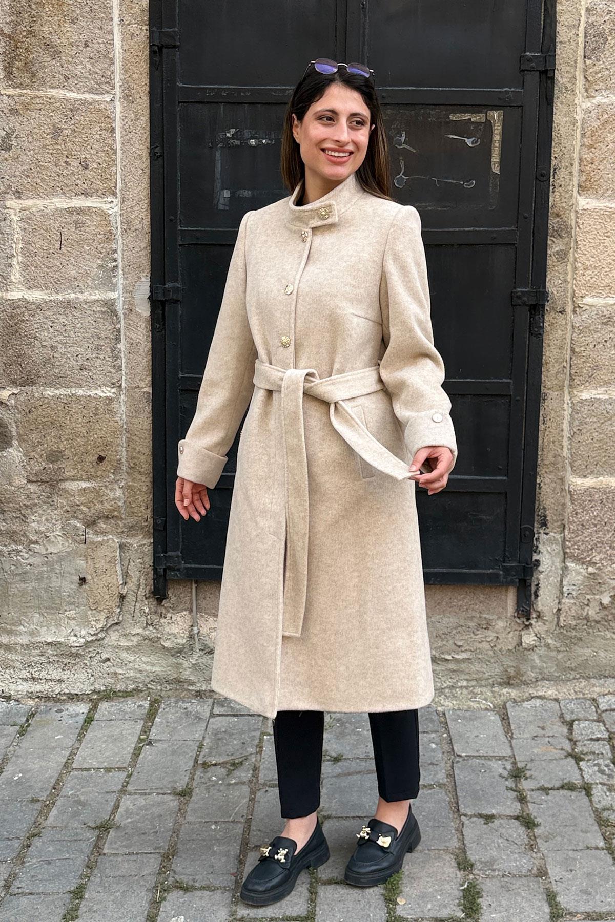 Manşet Düğmeli Kaşe Kaban - BEJ