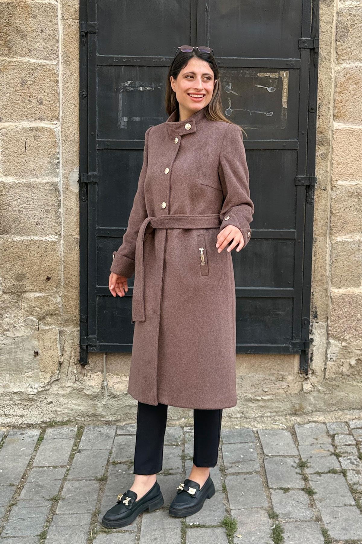 Manşet Düğmeli Kaşe Kaban - KAHVE