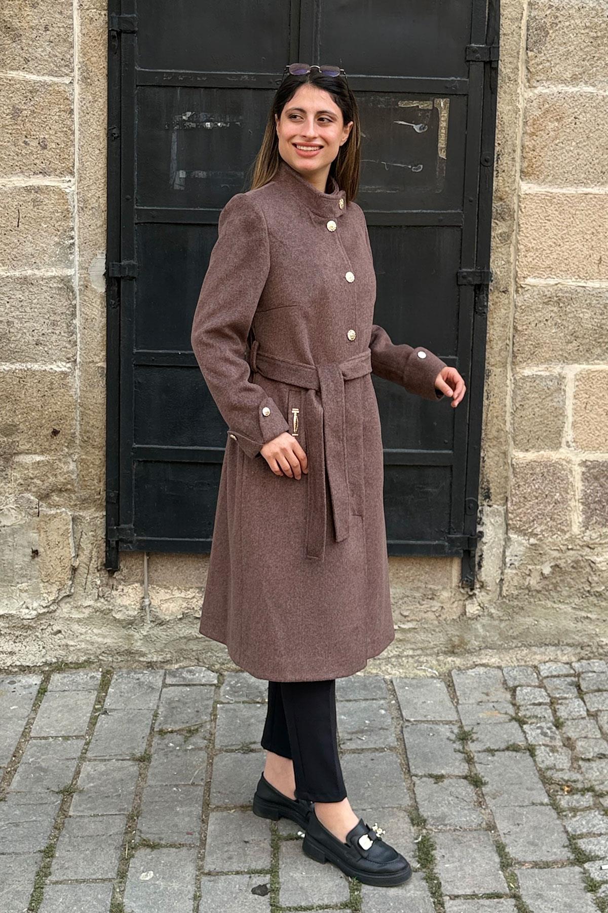 Manşet Düğmeli Kaşe Kaban - KAHVE