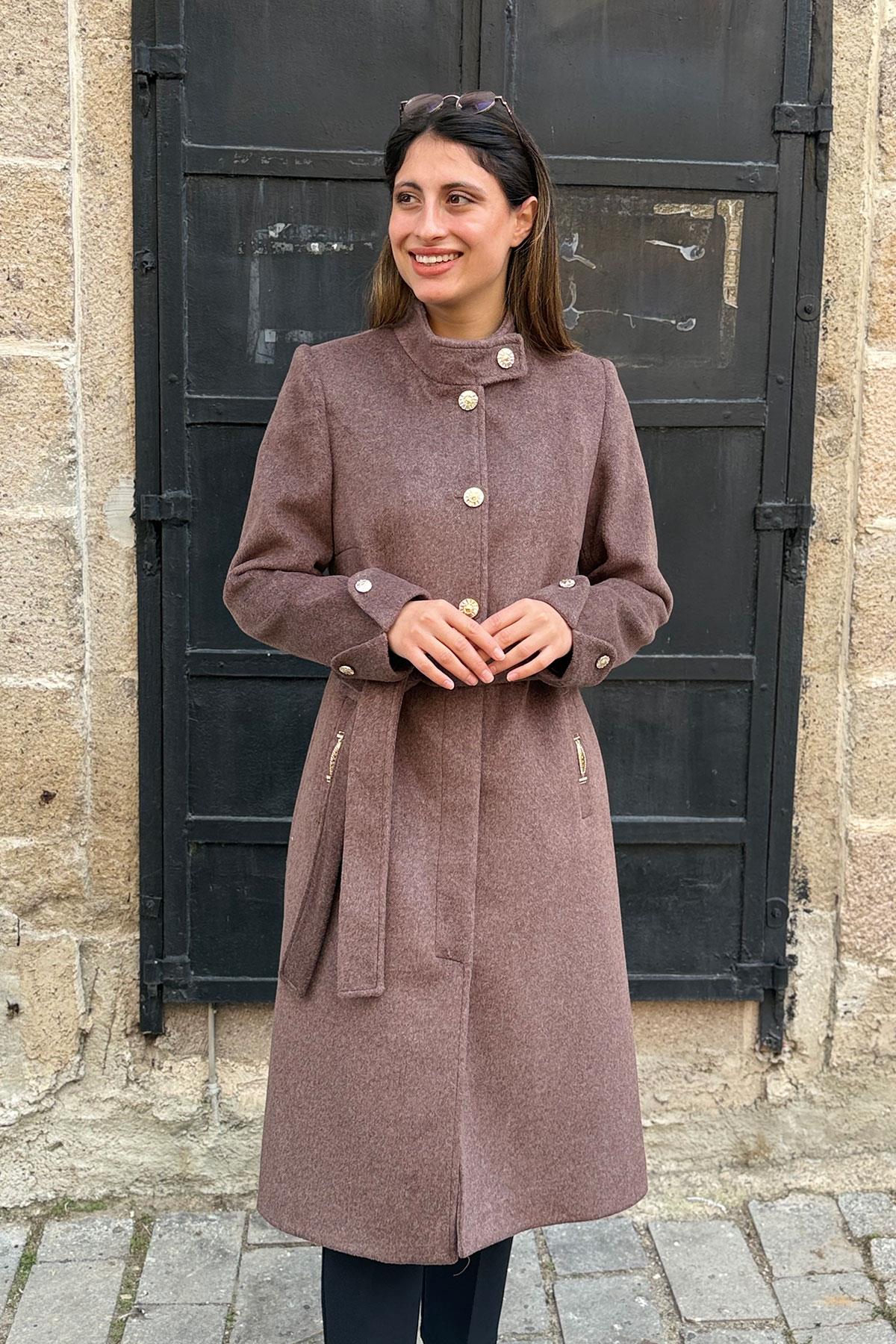 Manşet Düğmeli Kaşe Kaban - KAHVE