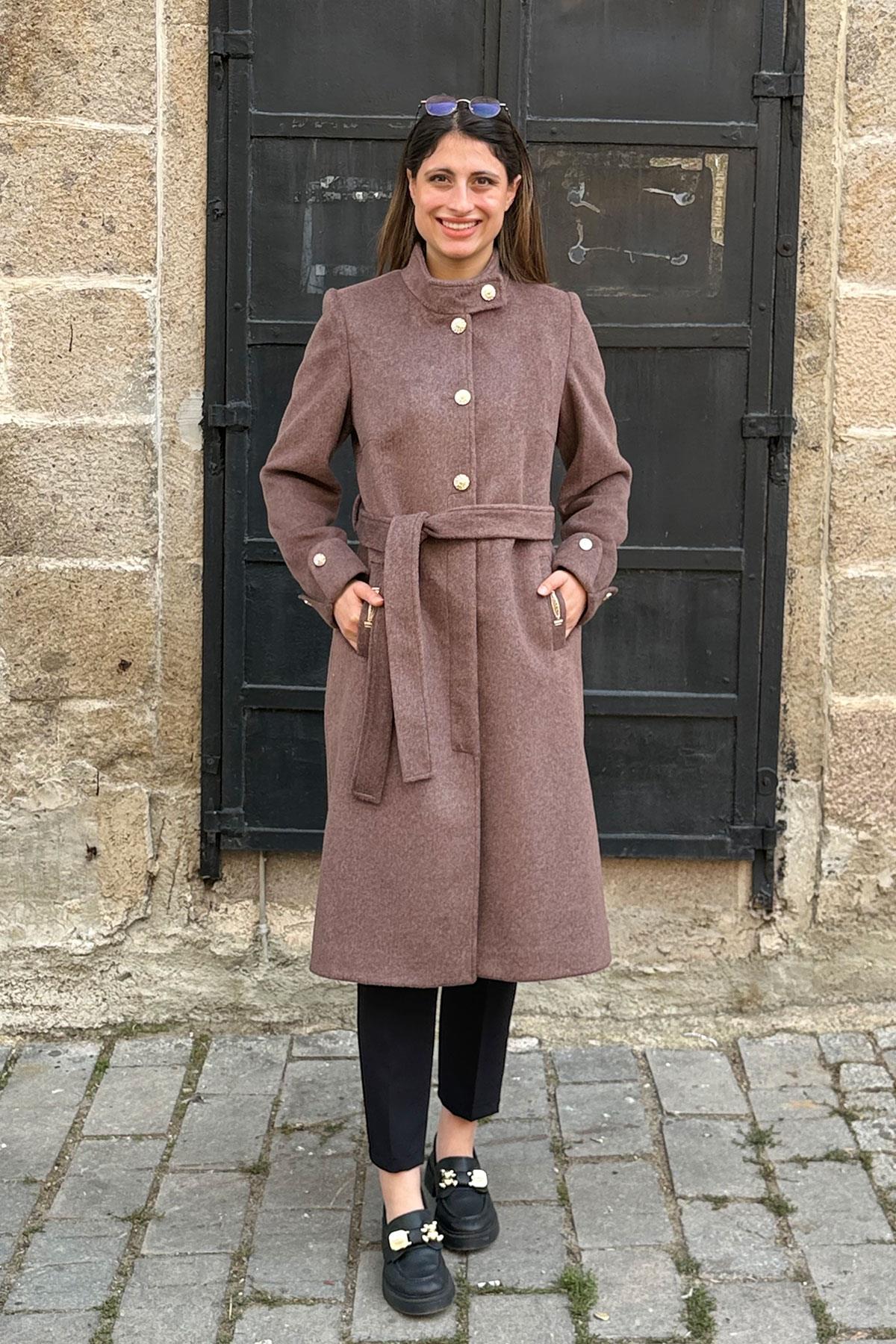 Manşet Düğmeli Kaşe Kaban - KAHVE