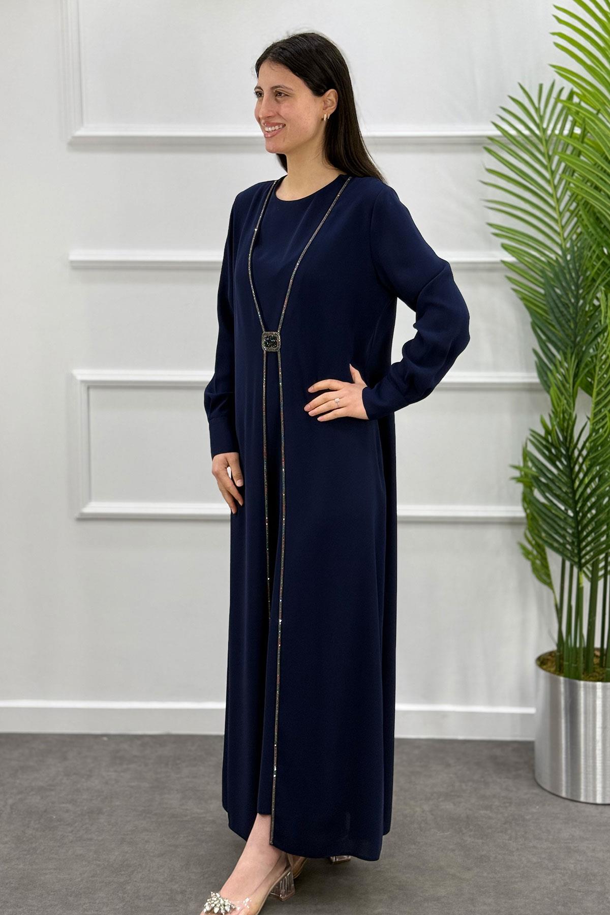 5016 Gaze Tokalı Elbise - Lacivert