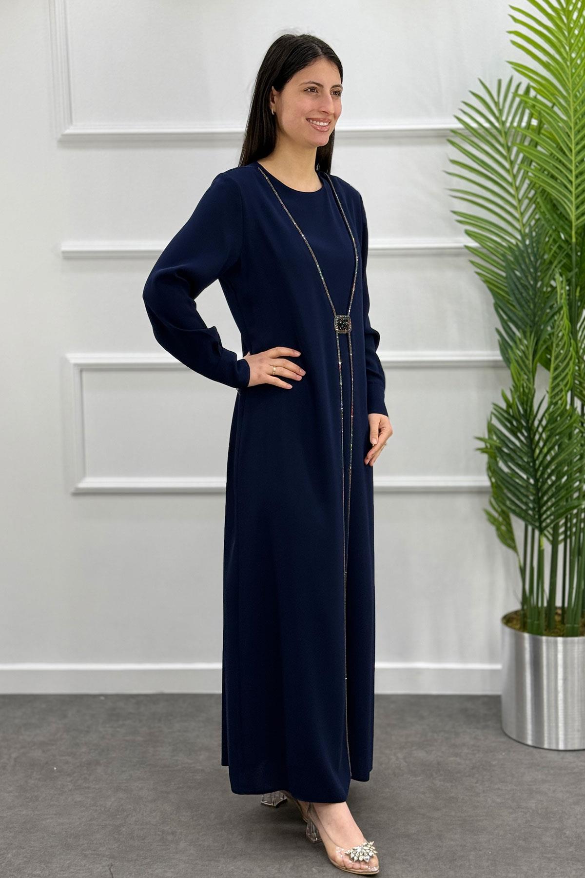 5016 Gaze Tokalı Elbise - Lacivert