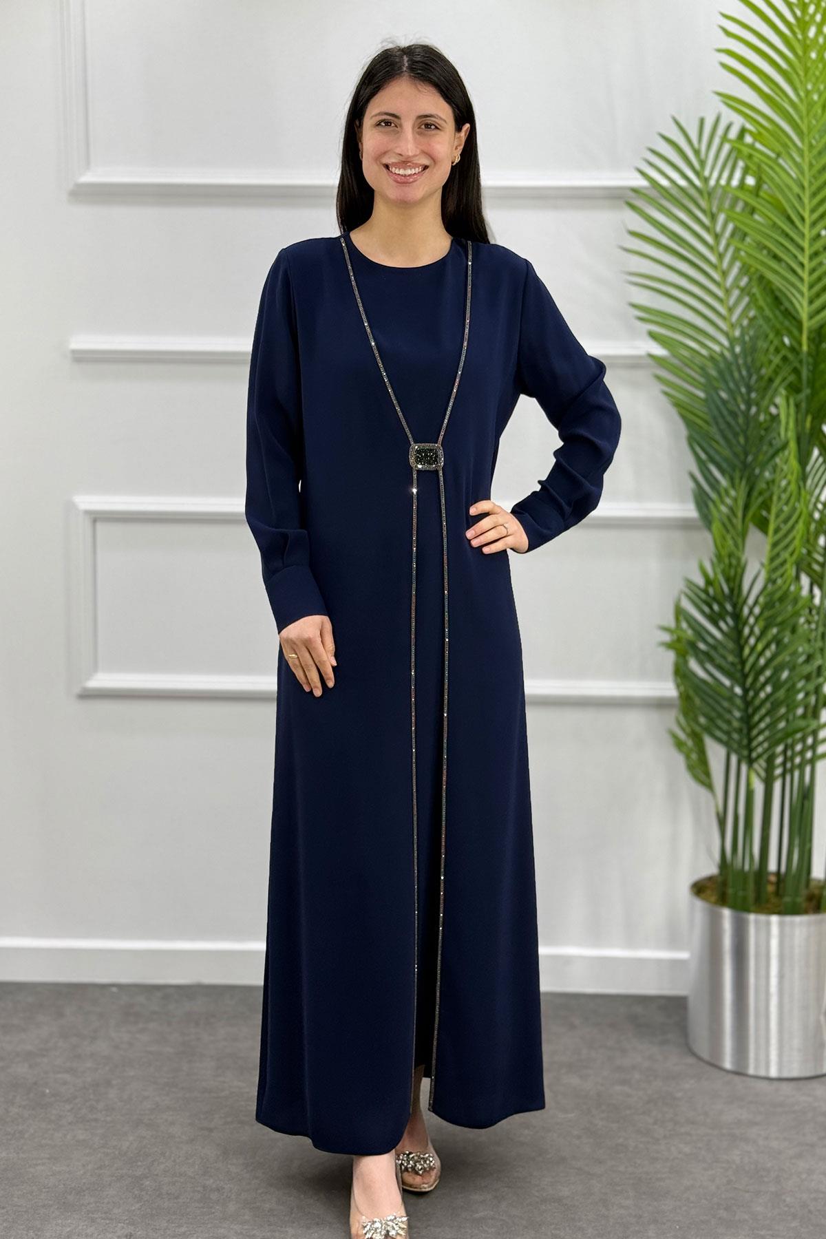 5016 Gaze Tokalı Elbise - Lacivert