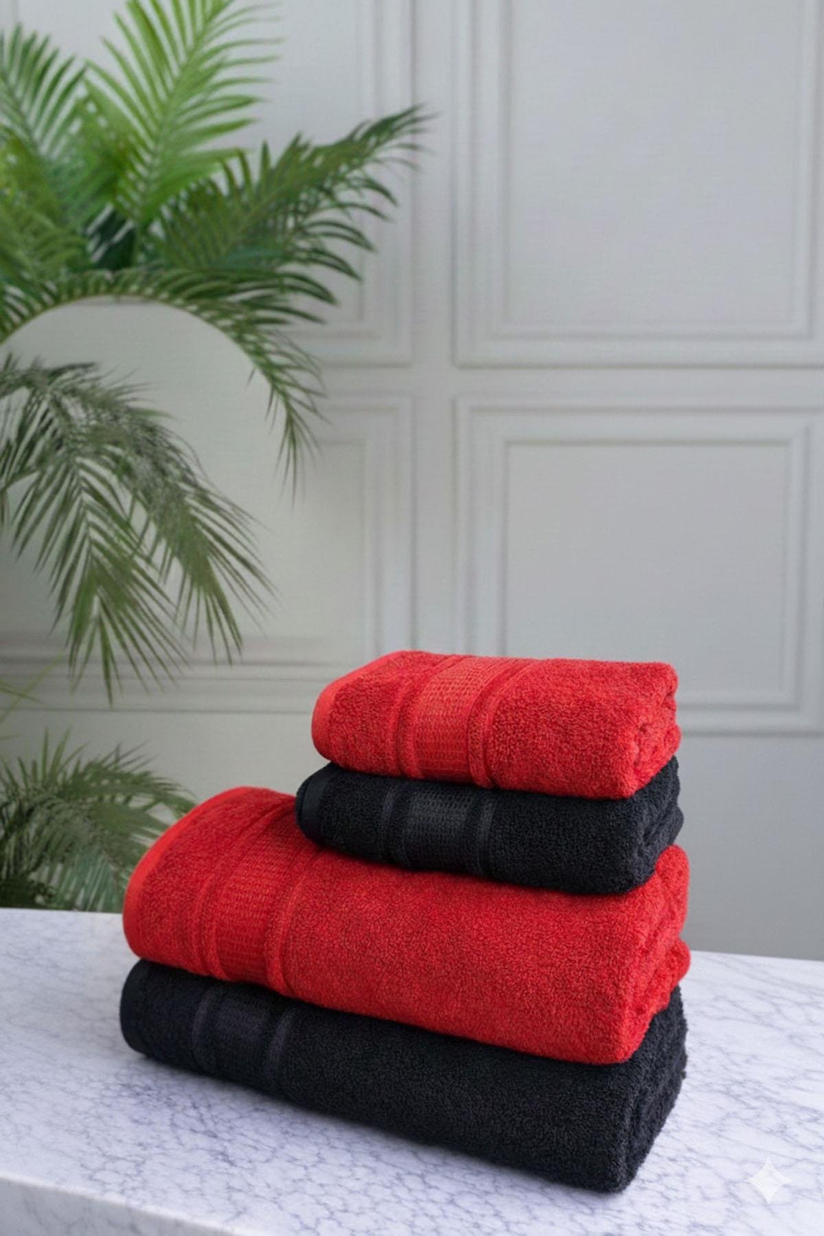 Özdilek Colourist Aile Bornoz Seti Siyah-Kırmızı