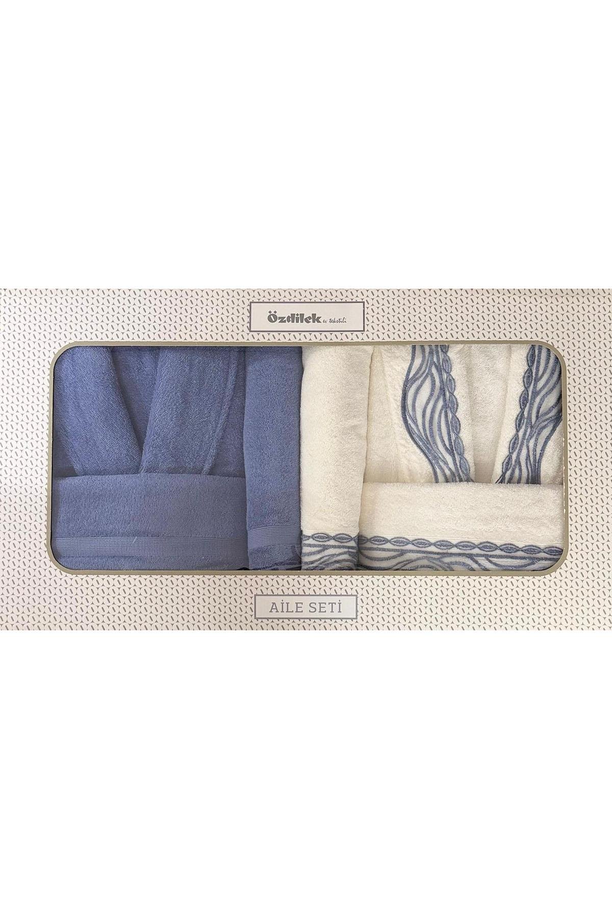Özdilek Helezon Aile Bornoz Seti İndigo-Krem/İndigo