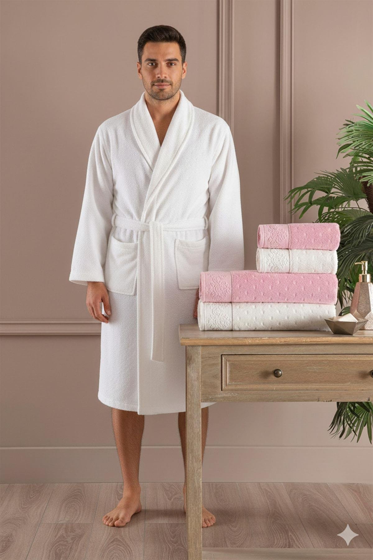 Özdilek Heritage Aile Bornoz Seti Pembe-Krem