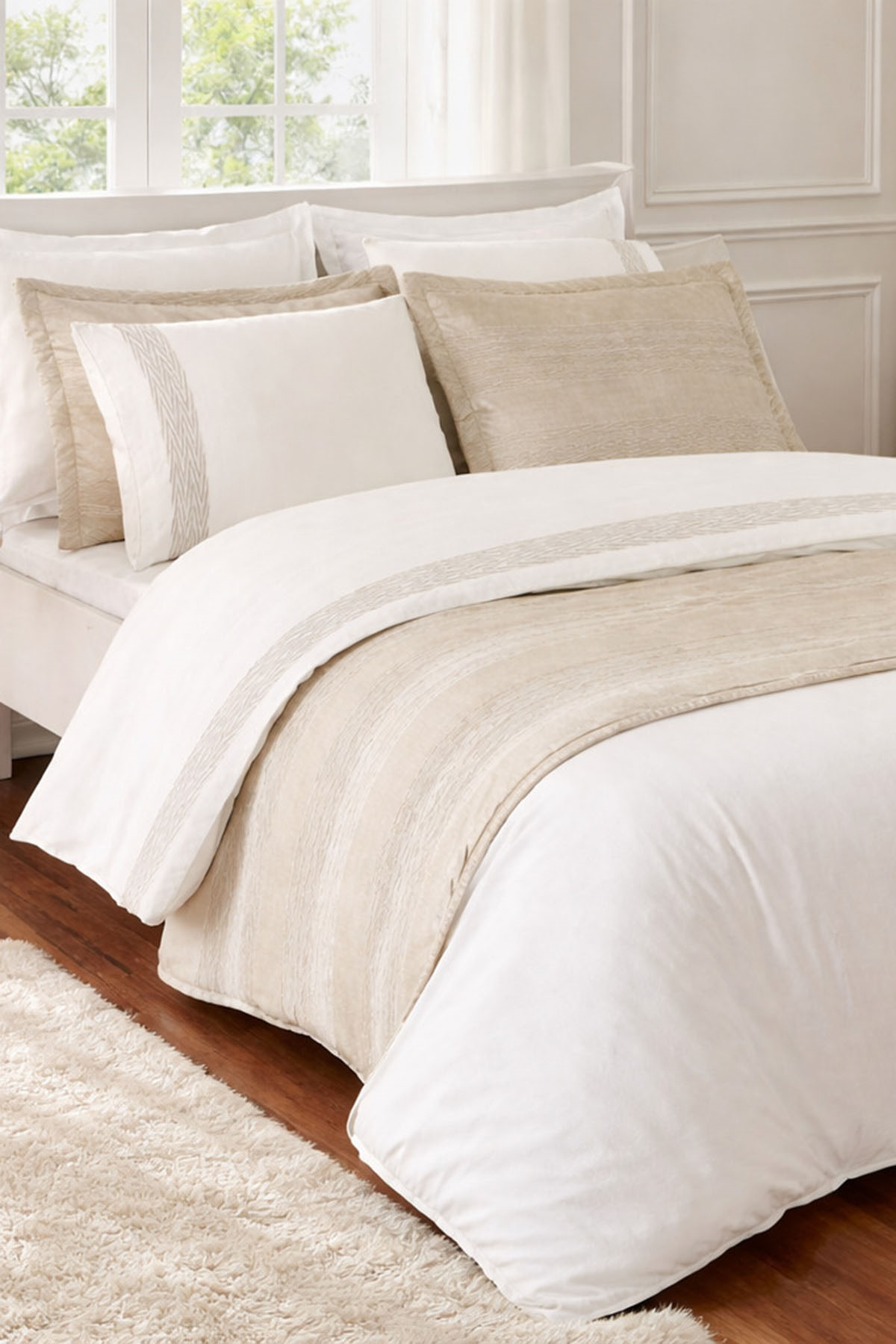 Özdilek Runnerlı Çift Kişilik Nakışlı Velvet Pikeli Gelin Seti - KREM